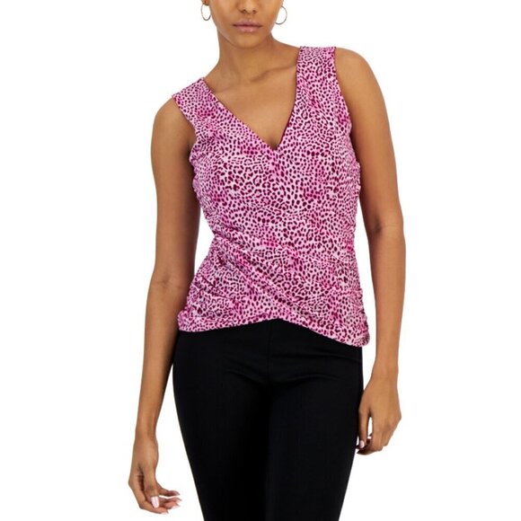I.N.C. INTERNATIONAL CONCEPTS Pink & White Printed Mesh Crossover Tank Top NWT - Picture 1 of 6